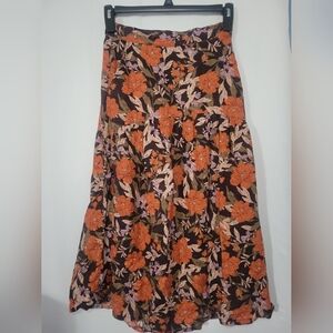 Haute Hippie Linen Maxi Skirt Orange, Brown and Plum Floral S